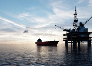 Oil platform on the ocean. Offshore drilling for gas and petroleum